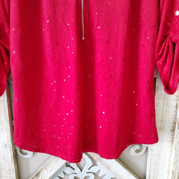 NY Collection Women's Roll Tab Sleeve Zip Jacquard Sequin Blouse Top in Red - Picture 7 of 8